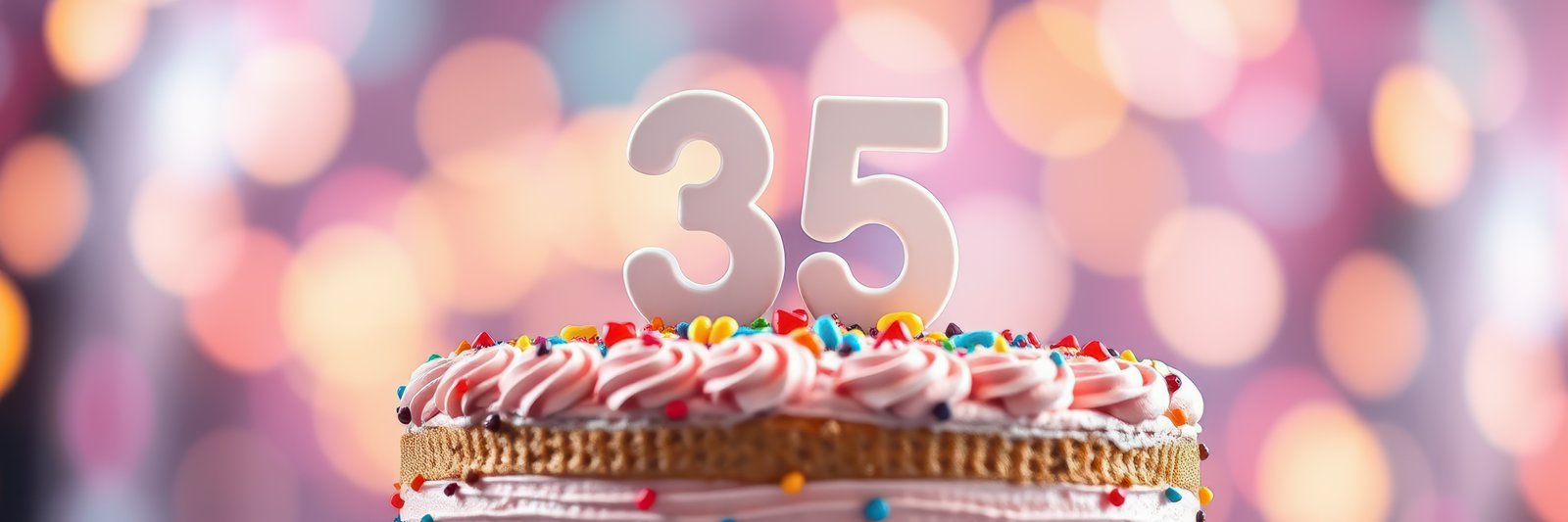 Celebration of a 35th birthday with a colorful cake adorned with sprinkles and a number candle